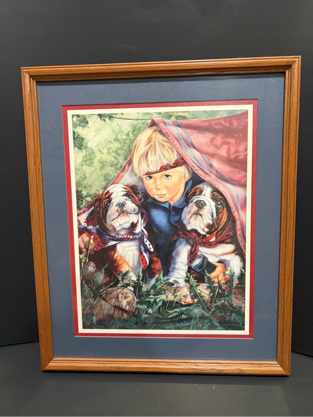 Home Interiors Framed Child and Bulldogs Print - Blue, Red, Green, Brown- VTG